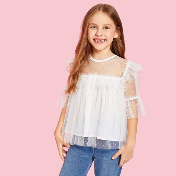 

Girls Ruffle Trim Keyhole Back Mesh Overlay Top, White
