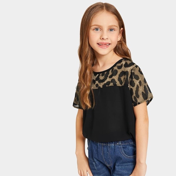 

Girls Leopard Panel Keyhole Back Top