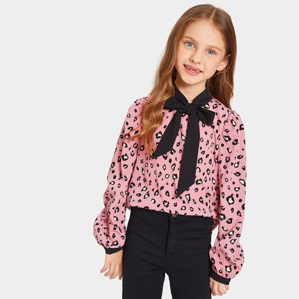 

Girls Tie Neck Leopard Print Top