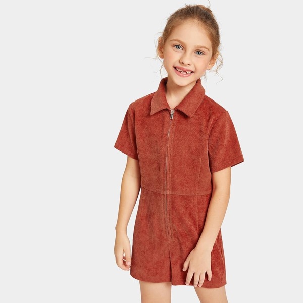 

Girls Zipper Up Solid Cord Romper, Red