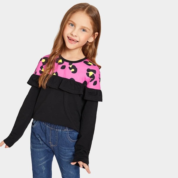 

Girls Leopard Panel Ruffle Tee