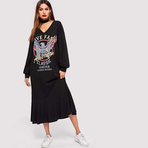 

Letter & Eagle Print Flounce Hem Dress
