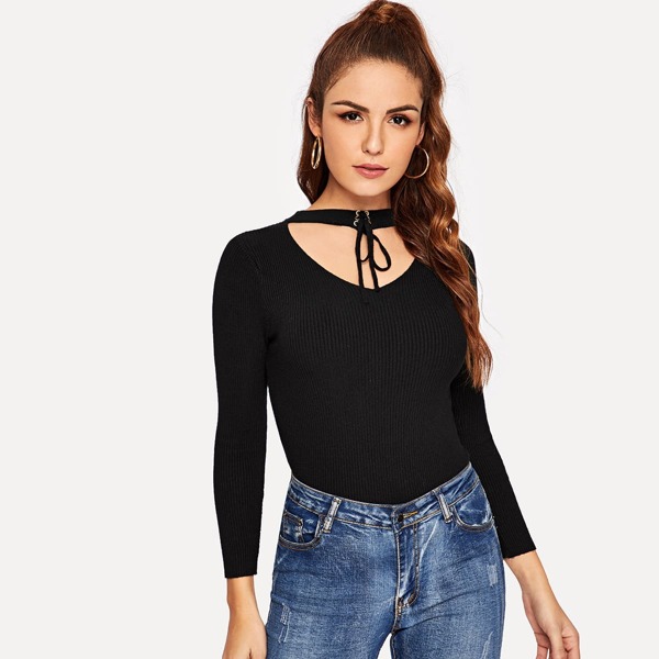 

Choker Neck Rib-knit Form Fitting Sweater