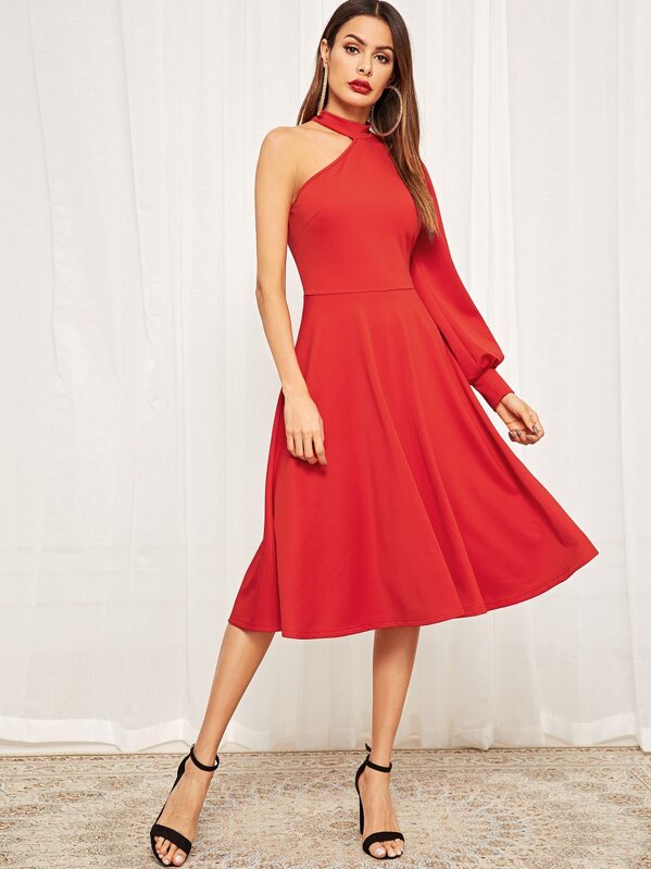 

One Shoulder Lantern Sleeve Fit and Flare Dress, Red
