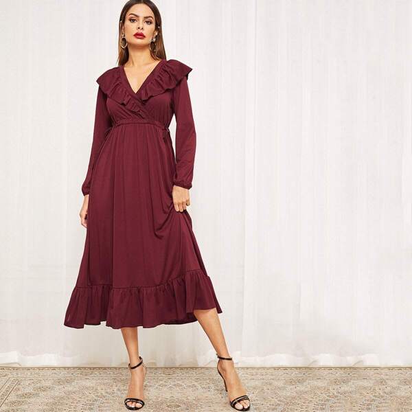 

Flounce Surplice Neck Drawstring Waist Dress
