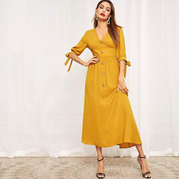 

Tie Cuff Button Front Corset Detail Dress, Yellow