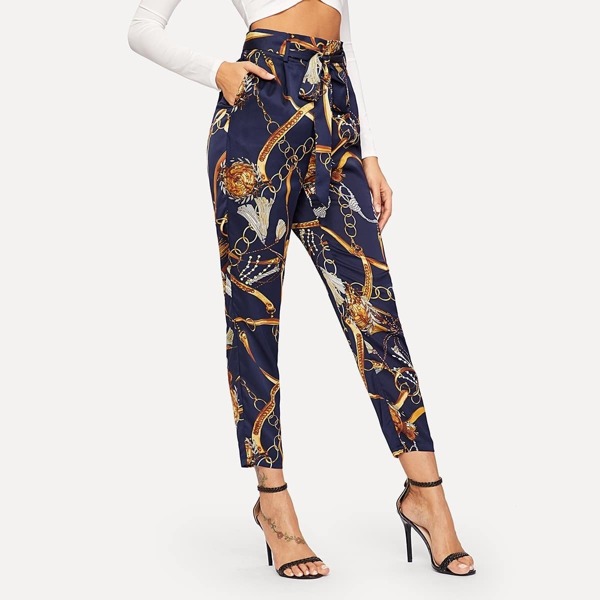 

Equestrian Print Self Belted Pants, Navy