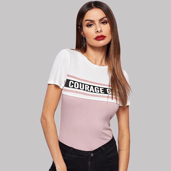 

Letter Print Color-block Ribbed Tee