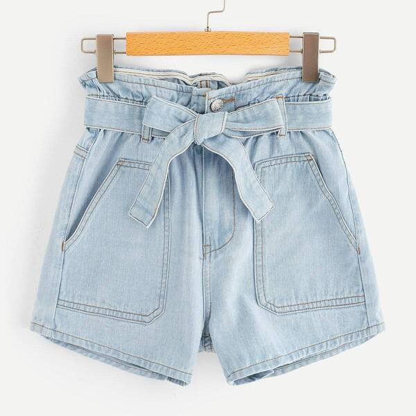

Contrast Stitch Self Belted Denim Shorts
