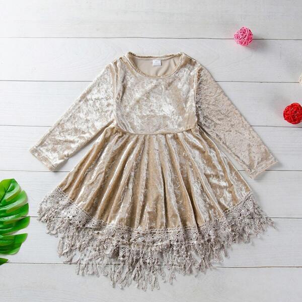 

Toddler Girls Fringe Lace Hem Velvet Dress, Beige