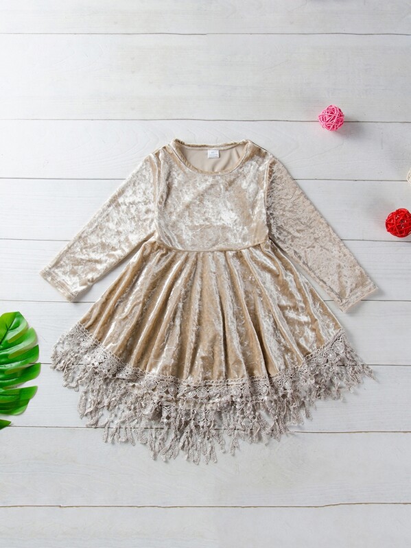 

Toddler Girls Fringe Lace Hem Velvet Dress, Beige
