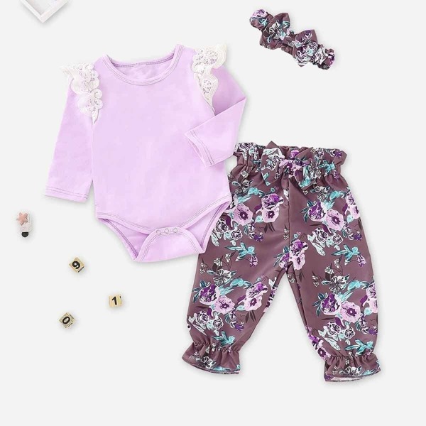 

Baby Contrast Lace Eyelet Jumpsuit & Floral Print Pants & Headband