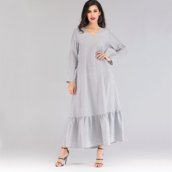 

Striped Ruffle Hem Longline Dress, Grey