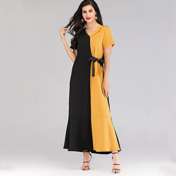 

Color Block Lace Tie Side Ruffle Hem Dress, Black