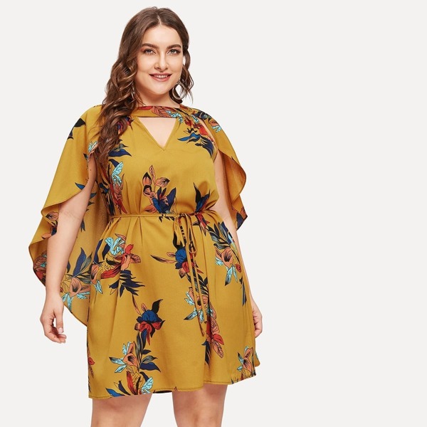

Plus Belted Floral Print Cape Dress