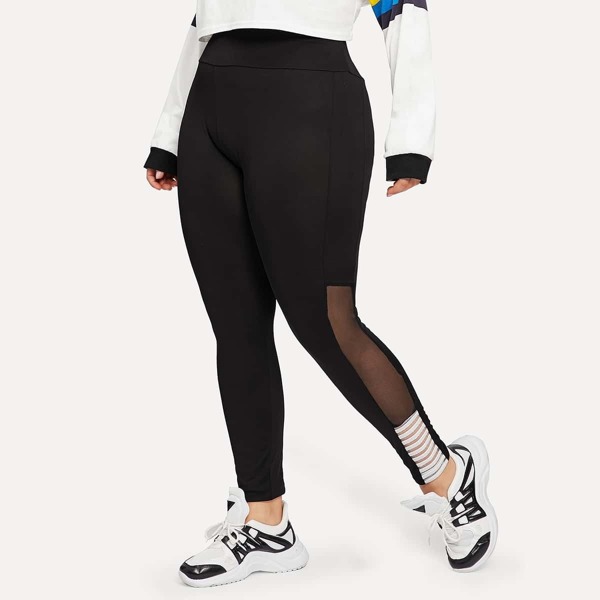 

Plus Mesh Panel Contrast Striped Leggings, Black