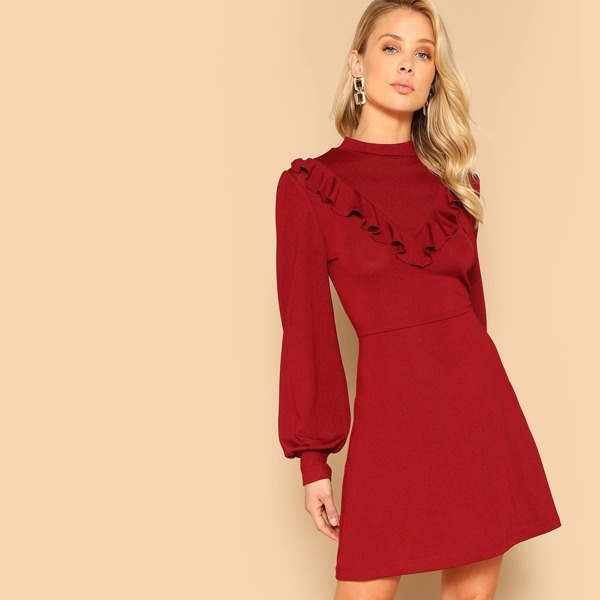 

Ruffle Trim Bishop Sleeve Fit & Flare Dress