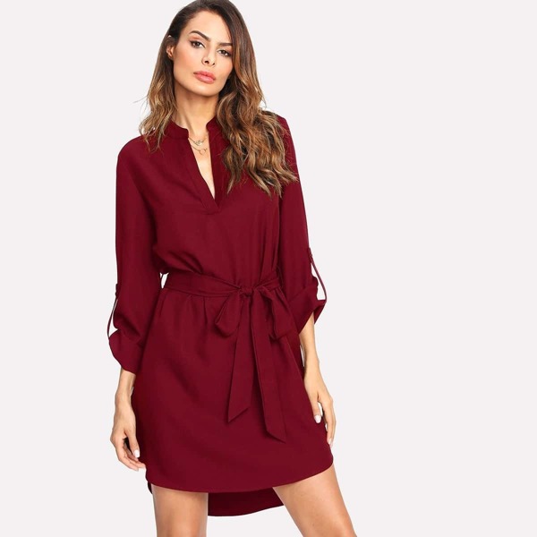 

V Cut Self Belted Curved Hem Shirt Dress