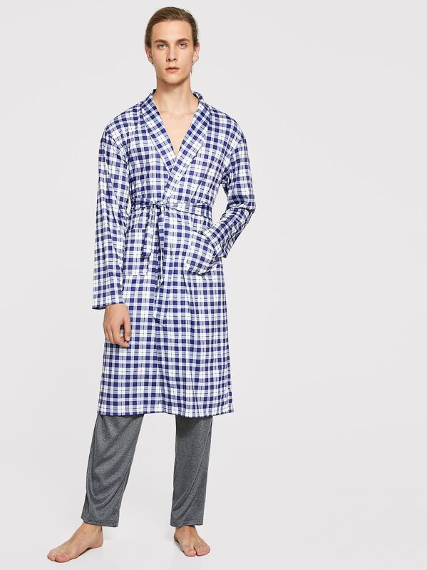 

Men Plaid Self Belted Robe, Blue, EGOR
