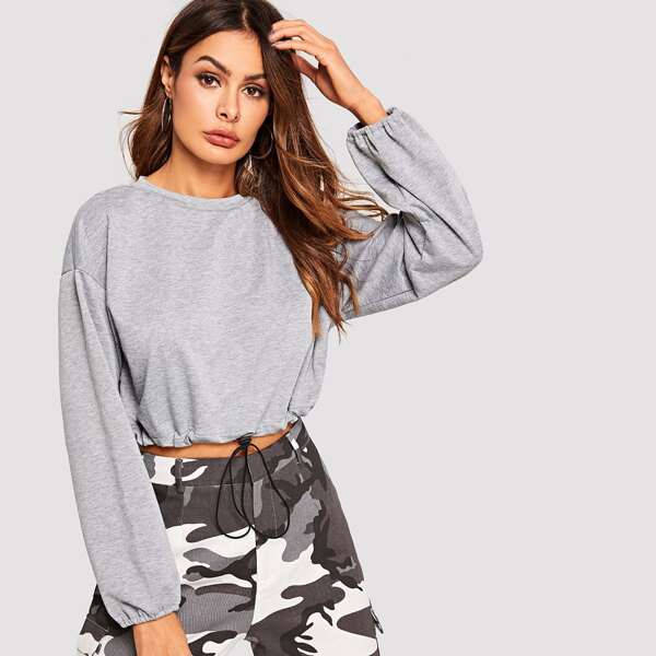 

Drawstring Hem Heather Grey Crop Pullover