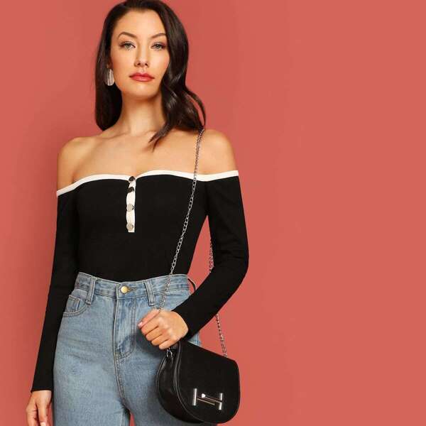 

Off Shoulder Button Front Rib-knit Tee