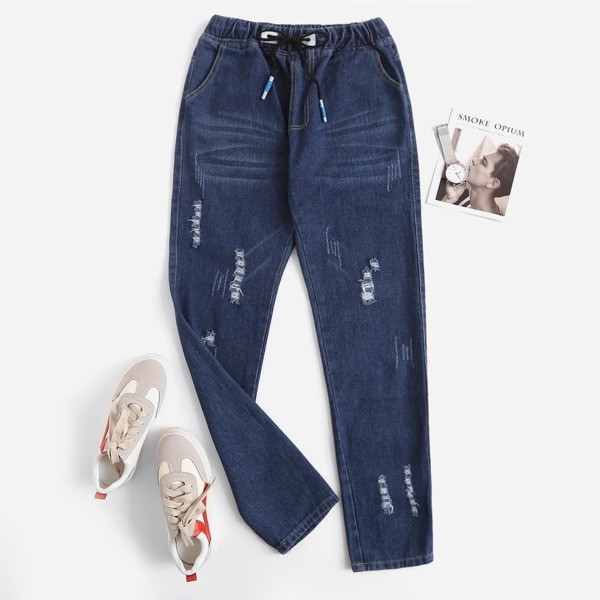 

Raw Hem Drawstring Waist Wide Leg Jeans, Blue