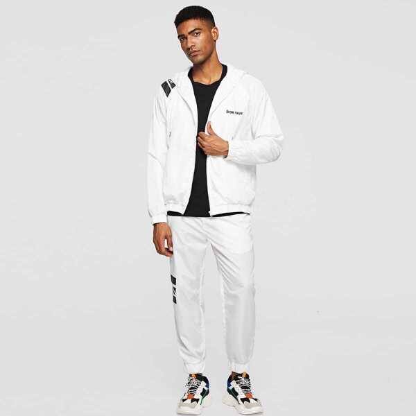 

Men Zip Up Drawstring Hooded Letter Jacket & Pants Set, White