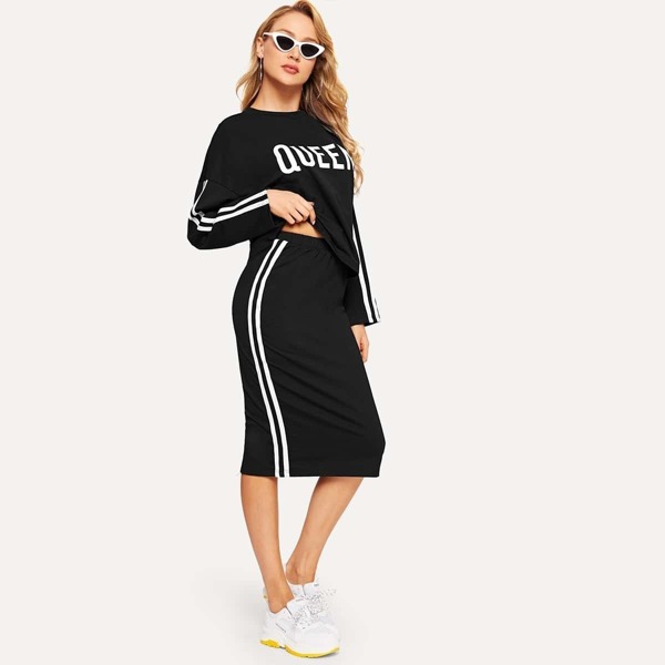 

Letter Print Striped Sleeve Top and Skirt Set