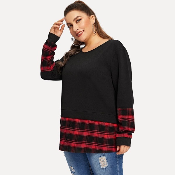 

Plus Buttoned Plaid Panel Mixed Media Sweatshirt