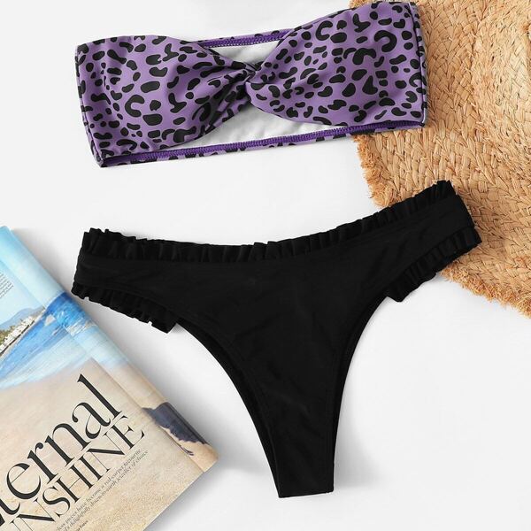 

Twist Leopard Bandeau Top With Frilled Bikini Set