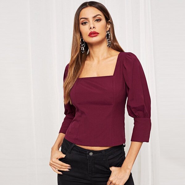 

Square Neck Buttoned Cuff Zip Back Top