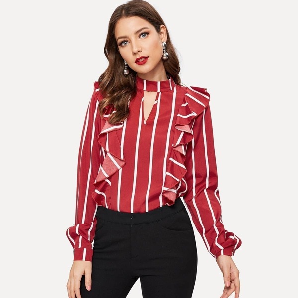 

Vertical-stripe Ruffle Detail Blouse, Red