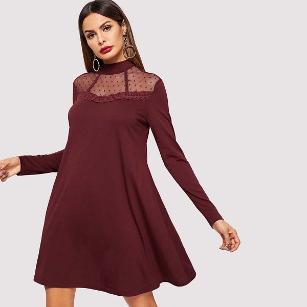 

Dot Mesh Insert Guipure Lace Trim Swing Dress
