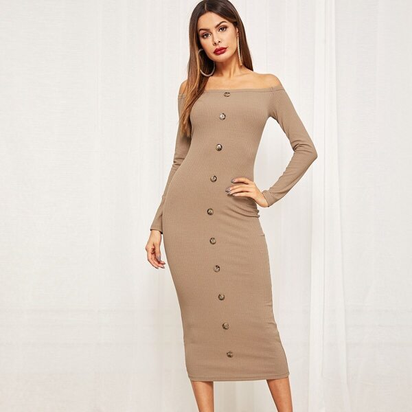 

Tortoise Button Rib Knit Bardot Dress