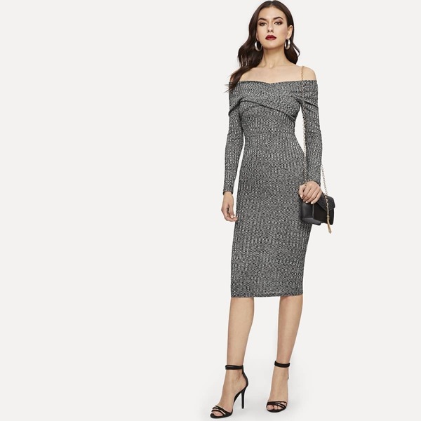 

Cross Wrap Off Shoulder Marled Knit Dress, Grey