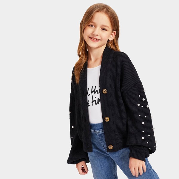 

Girls Button Up Pearl Beaded Coat, Black