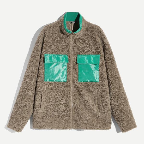 

Men Colorblock Zip Pocket Patched Teddy Jacket, Camel