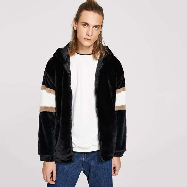 

Men Colorblock Zip Front Hooded Teddy Jacket, Black