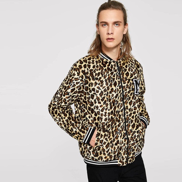 

Men Letter Patched Leopard Print Bomber Jacket, Multicolor