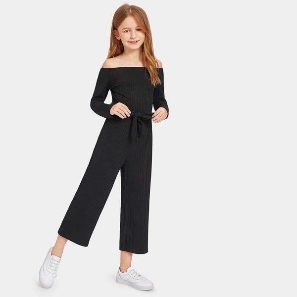 

Girls Off Shoulder Self Belted Rib Knit Jumpsuit, Black