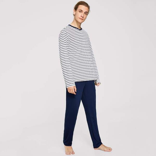 

Men Contrast Neck Striped Top & Pants PJ Set