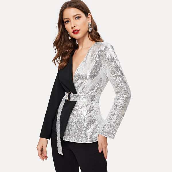 

Buckle Belted Sequin Panel Wrap Coat