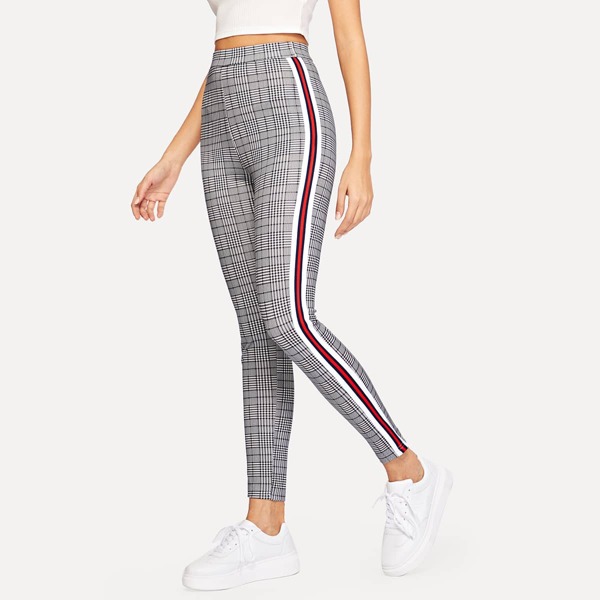 

Elastic Waist Striped Tape Side Glen Plaid Pants