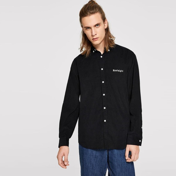 

Men Letter Embroidered Corduroy Shirt, Black