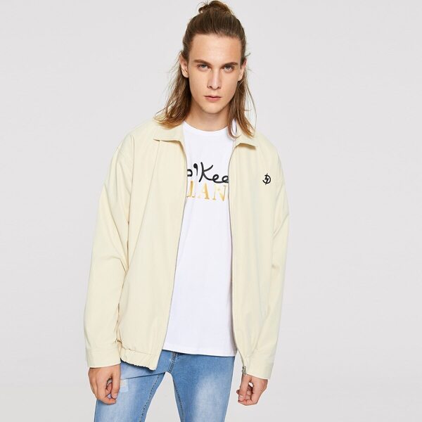 

Men Drop Shoulder Embroidered Zip Up Jacket, Beige