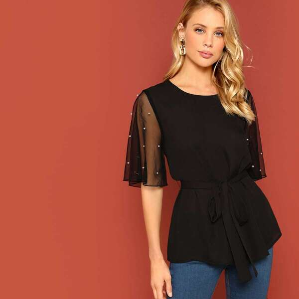 

Pearl Beaded Mesh Sleeve Belted Top