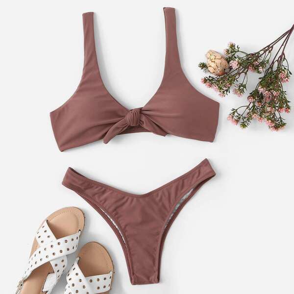 

Knot Front Top With High Leg Bikini