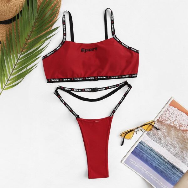 

Letter Tape Cut-out High Leg Thong Bikini Set, Red