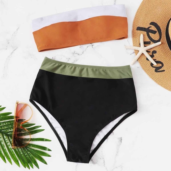 

Colorblock Bandeau With High Waist Bikini Set