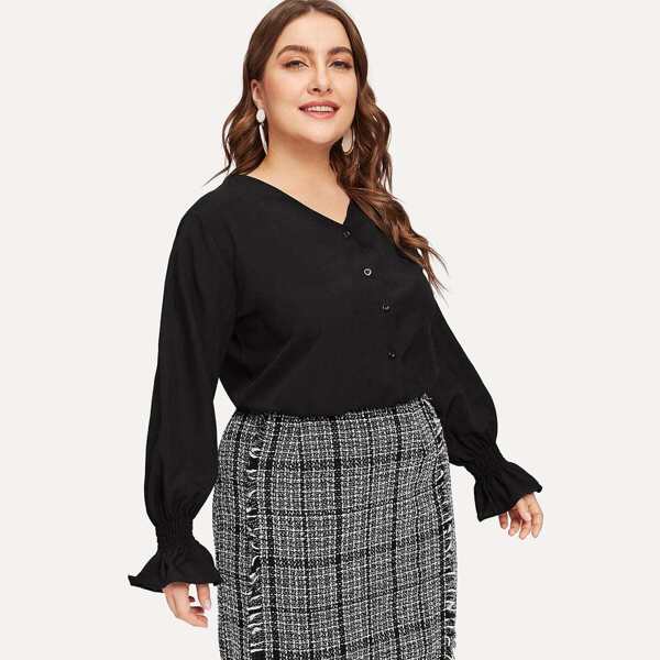 

Plus Single Breasted Flounce Sleeve Blouse
